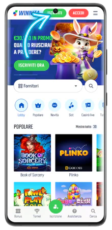 Schermata homepage Winnita casino con menu di navigazione principale
