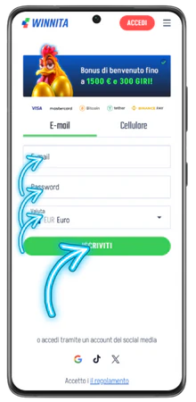 Modulo di registrazione Winnita con campi email e password