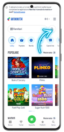Barra di ricerca giochi nel menu principale di Winnita