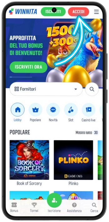Winnita pulsante di accesso